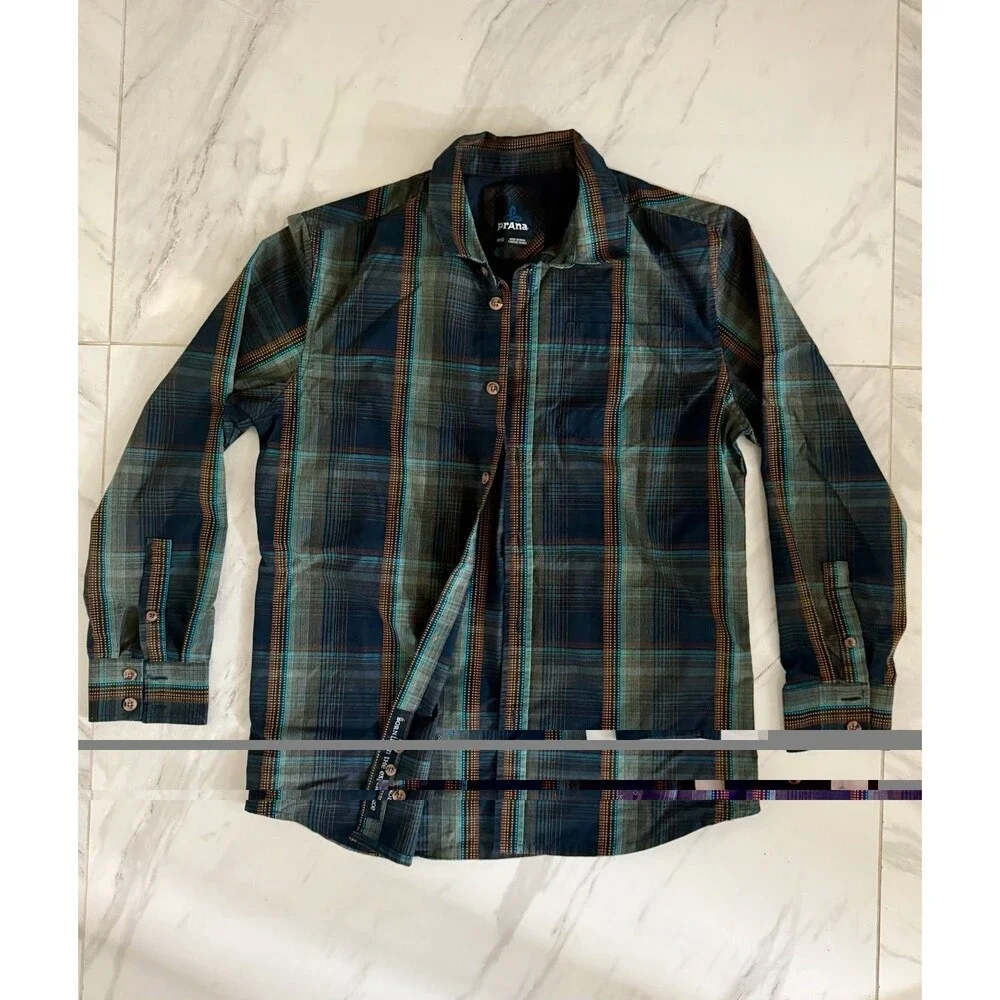 Prana Shirt Mens Medium Blue Plaid Button Up Cotton Blend